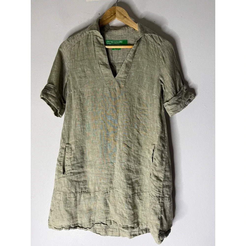 United Colors of Benetton v neck linen tunic dress short sleeve green size XS